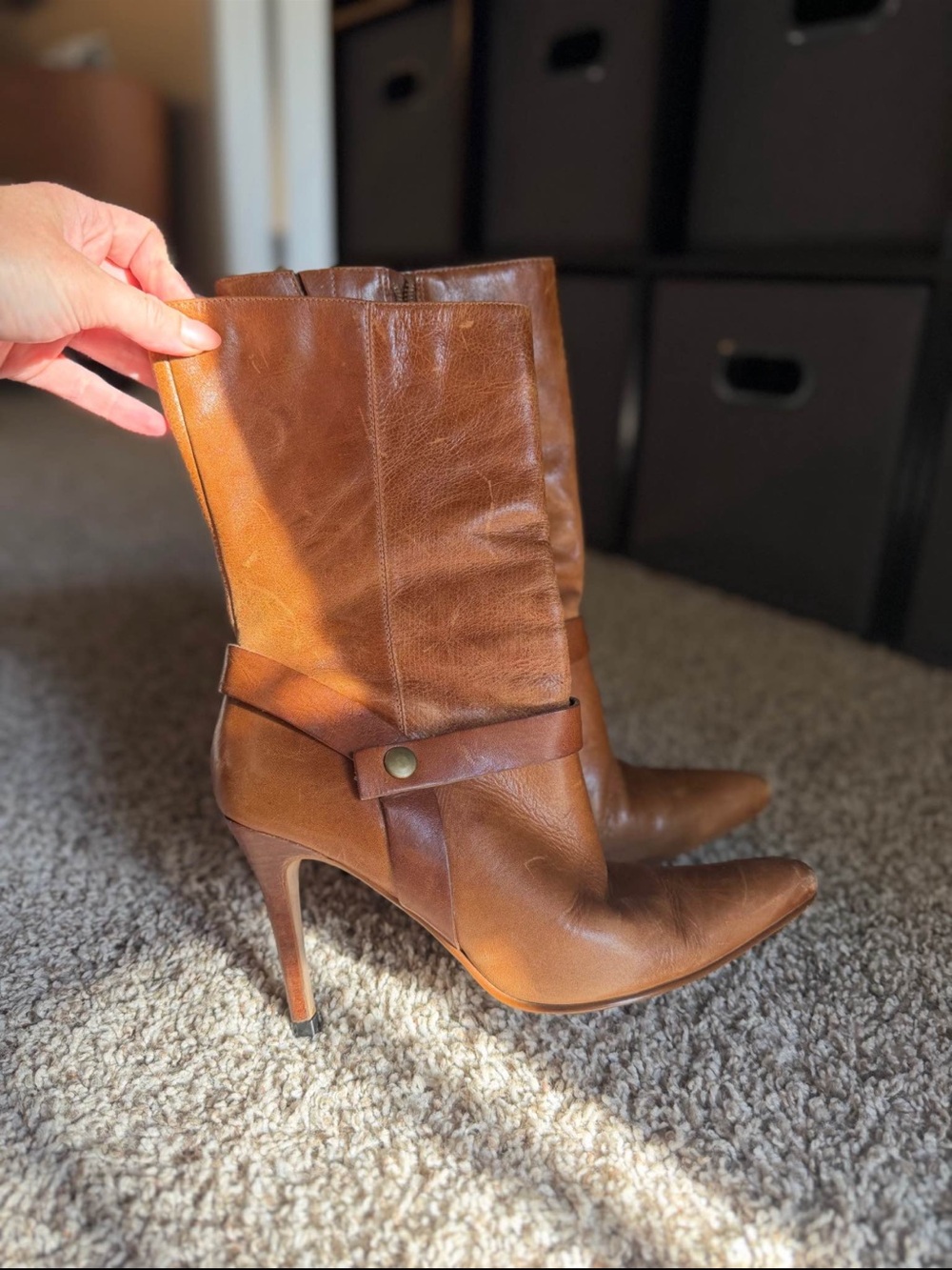 Women's Brown Leather Pointed-Toe Stiletto Mid-Calf Boots